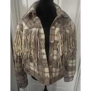 [BLANKNYC] Women's Take Note Plaid Fringe Shacket Small Size